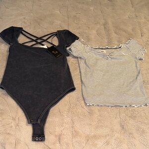 Stylish Women's Black Bodysuit and Striped Top Set